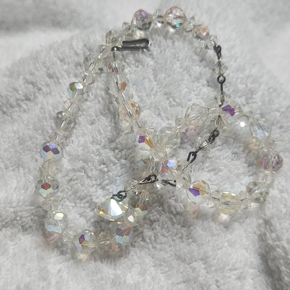 Vintage Aurora Borealis Crystal‎ Bead Necklace Iridescent Faceted 15 Inch Hook